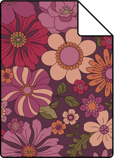 Proefstaal ESTAhome behang retro bloemen aubergine paars - 26.5 x 21 cm - 131810-S