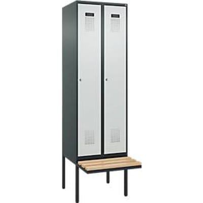 C+P Evolo Plus garderobekast, 2 vakken van elk 300 mm breed, zwevende bank, B 600 x D 815 x H 2120 mm, cilinder, antracietgrijs/lichtgrijs