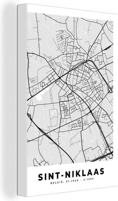 Canvas Schilderij Stadskaart – Plattegrond – België – Zwart Wit – Sint Niklaas – Kaart - 20x30 cm - Wanddecoratie
