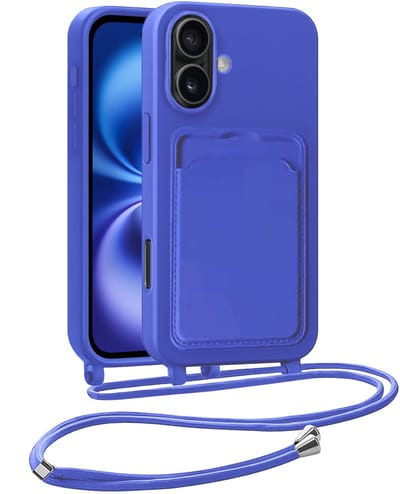 Hoesje Geschikt voor iPhone 16 Plus Hoesje Met Telefoonkoord en Pasjeshouder Siliconen - Hoes Geschikt voor iPhone 16 Plus Hoesje Met Kaarthouder Case - Felblauw