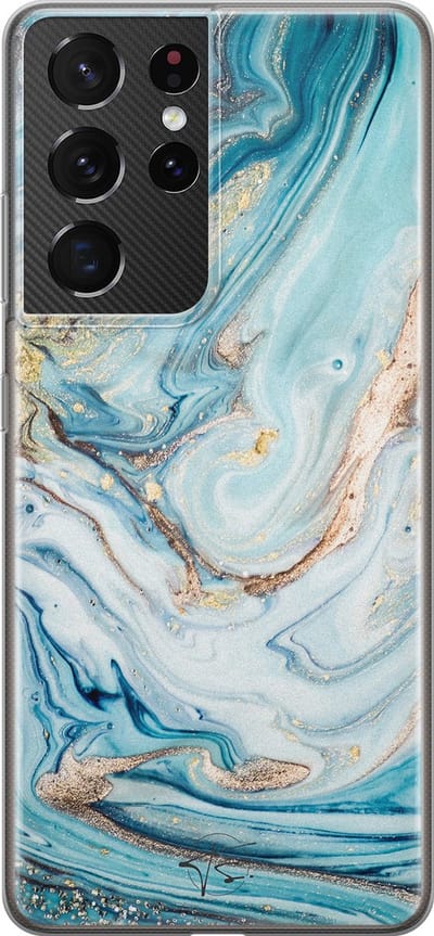 Hoesje geschikt voor Samsung Galaxy S21 Ultra - Marmer blauw goud - Soft Case - TPU - Marmer - Blauw - Mooie Telefoonhoesjes