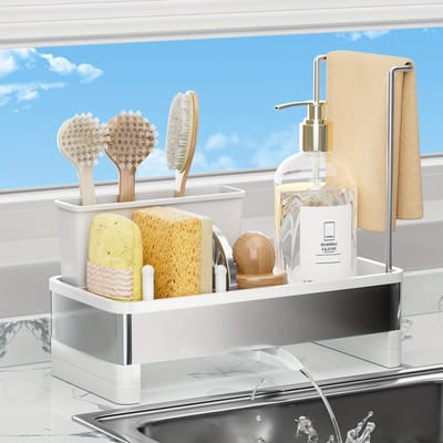Étagère d'évier Auto-vidante Acier Inoxydable Panier d'évier de Cuisine Égouttoir Porte-serviettes Porte-savon Éponge Pour Organisateur d'évier de Cuisine blanc