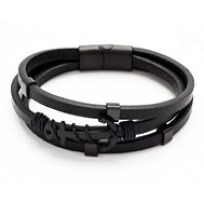 Twice As Nice Armband in edelstaal, 3 leren rijen met zwart anker 21cm