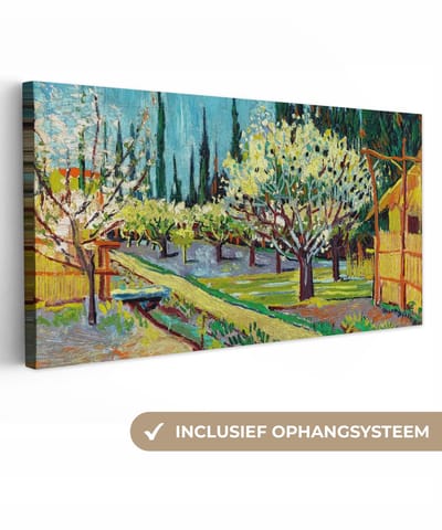Canvas schilderij 40x20 cm - Wanddecoratie Bloeiende boomgaard, omgeven door cipressen - Vincent van Gogh - Muurdecoratie woonkamer - Slaapkamer decoratie - Kamer accessoires - Schilderijen op canvas