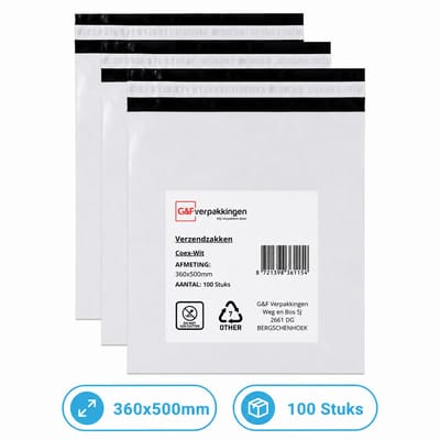 Verzendzakken 360x500 mm - 100 Stuks - Witte Verzendzakken met Plakstrip - CoEx LDPE - Scheurvast & Waterafstotend | G&F Verpakkingen