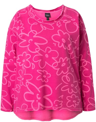 Ulla Popken - Dames - Sweatshirt bloemen ronde hals lange mouwen rolranden - Zomerbes - Maat 42+