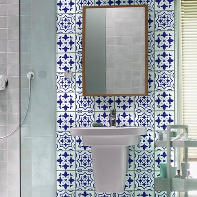 Tegelstickers voor de muur in keuken en badkamer - 9 cementtegelstickers, Azulejos Alberto - 9 stickers, 10x10cm
