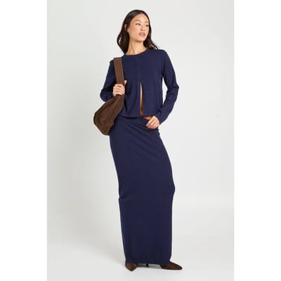 boohoo Dames Hoge Ribgebreide Maxi Rok | Navy | Maat: 12