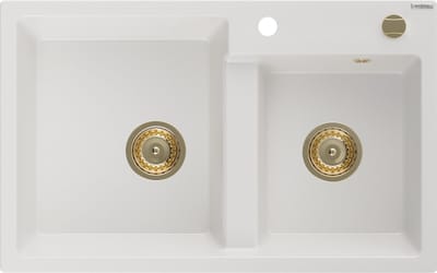Mexen Tomas granieten gootsteen 2-kamers 800 x 500 , wit, gouden sifon - 6516802000-20-G