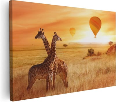 Artaza Canvas Schilderij Afrika - 30x20 cm - Klein - Wanddecoratie Giraffe - Muurdecoratie Zonsondergang - Schilderijen Op Canvas