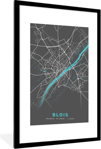 Fotolijst incl. Poster - Blois - Frankrijk - Plattegrond - Kaart - Stadskaart - 60x90 cm - Posterlijst