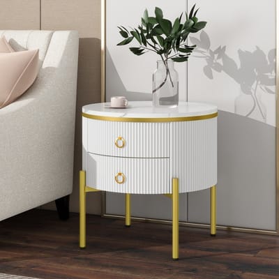 DESMIU Bijzettafel - Marmerlook Met Twee Lades En Verstelbare Poten - Voor Woonkamer En Salon - MDF - Wit - 50x50x51 Cm