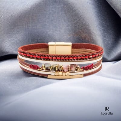 Leerella Echt Leren Multi-Layer Armband Bordeaux met Magneetsluiting – Boho Dames Armband – 19,5 cm