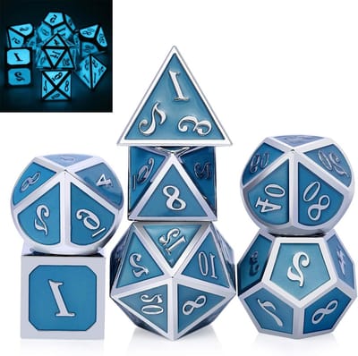 Metalen Dobbelstenen Set - Gloeiende Dobbelstenen - Rollenspellen Spelen - Gloeit in Donker - 7 Stuks - Blauw