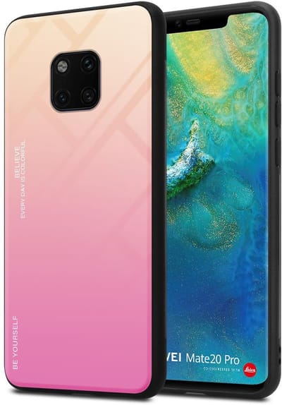 Cadorabo Hoesje geschikt voor Huawei MATE 20 PRO in GEEL - ROZE - Tweekleurige beschermhoes van TPU-silicone Case Cover en achterzijde van gehard glas