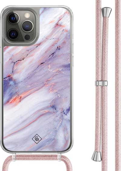 Casimoda® hoesje met rosegoud koord - Geschikt voor iPhone 12 Pro - Marmer Paars - Afneembaar koord - TPU/polycarbonaat - Paars