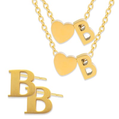 Initiaal Ketting & Armband & Oorbellen set met Letter B Goudkleurig - Stainless Steel - Met letter & Hartje! - 3x Sieraden Cadeau - Pax Amare
