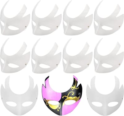 10 Stuks Cosplay Maskers voor DIY, Witte Papieren Halfgelaatsmaskers voor Halloween, Carnaval en Feestjes met Handgeschilderde Ontwerpen