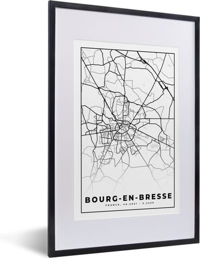 Fotolijst incl. Poster Zwart Wit- Stadskaart – Frankrijk – Kaart – Bourg-en-Bresse - Plattegrond - Zwart wit - 40x60 cm - Posterlijst