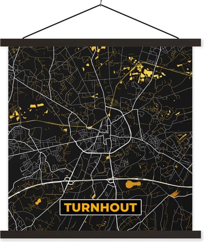 Posterhanger incl. Poster 60x60 cm - Schoolplaat - Kaart - Turnhout - Plattegrond - Gold - Stadskaart - Textielposter - Zwarte latten - Stadskaart