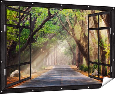 Gards Tuinposter Doorkijk Weg Omringd met Bomen - 180x120 cm - Tuindoek - Tuindecoratie - Wanddecoratie buiten - Tuinschilderij
