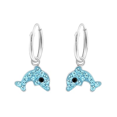 zilveren kinderoorbellen hangend dolfijn blauw kristal | Oorringen Meisje Zilver | Zilverana | Sterling 925 Silver