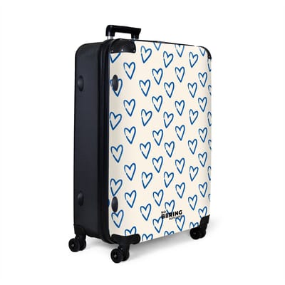 NoBoringSuitcases.com® - Koffer groot - Reiskoffer lichtgewicht - Wit met blauw hartjes patroon - Rolkoffer met 4 wielen - Grote trolley XL - 98 liter bagage