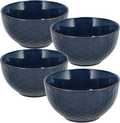 Ramen Kom Set van 4 – Soepkommen Ø14 cm - Aardewerk Kommen Zonder Oor – Gebruikt als Schalen en Fruitschaal - Blauw