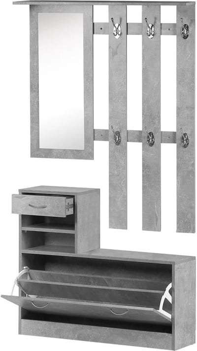 QUESTYR 3‑Delige Halset – Kapstok met Haken, Spiegel & Schoenenkast – Grijs – Moderne Wandmeubelset voor Gang & Entree