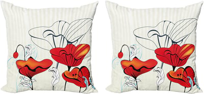 ABAKUHAUS Decoratieve kussenhoes met klaprozenmotief, 2 stuks, gestreepte roz 50x50 cm, rood, lichtblauw, beige