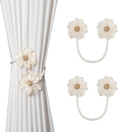 Tieback Voor Draaien, 2 Stuks, Zonder Boren, Handgemaakte Grote Bloem Van Polyester, Voor Woonkamer, Slaapkamer En Kantoor, Crème Wit, 47.5 cm
