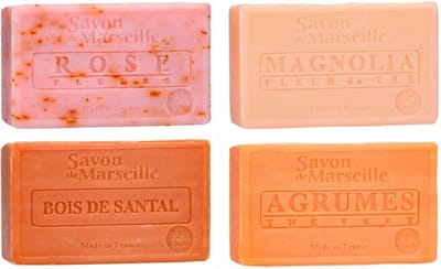 Set Marseille zeep 4 x 100 gram in geuren roos-magnolia-sandalwood-citrus - Franse handzeep - Marseillezeep