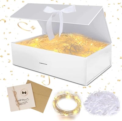 Vouwbare Cadeaubox met Deksel en Strikken, Inclusief Wenskaarten en LED Fairy Lights voor Verjaardag en Bruiloft