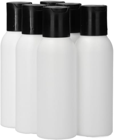 6 x 100 ml ronde fles HDPE wit + Disc-Top zwart - BPA Vrij - Niet Breekbaar - Plastic Flesjes Navulbaar - Met Dop - Lege Flessen - 6 stuks