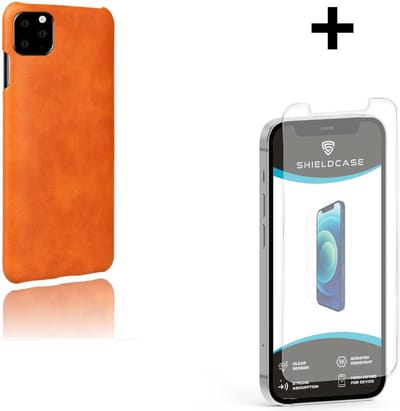 ShieldCase telefoonhoesje geschikt voor Apple iPhone 12 / 12 Pro - 6.1 inch vintage leren hoesje - oranje + glazen Screen Protector