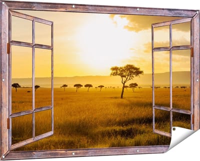 Gards Tuinposter Doorkijk Zonsondergang in de Savanne - 150x100 cm - Tuindoek - Tuindecoratie - Wanddecoratie buiten - Tuinschilderij