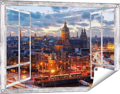 Gards Tuinposter Doorkijk Amsterdam Centrum Luchtfoto Zonsondergang - 90x60 cm - Tuindoek - Tuindecoratie - Wanddecoratie buiten - Tuinschilderij