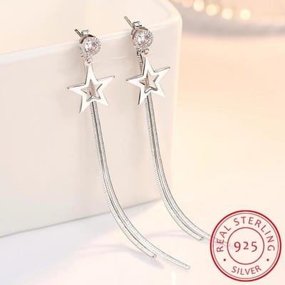925 Sterling Zilver Kwast Oorbellen Voor Vrouwen Zirkonia Ster Lange Oorbellen Ketting Oorbellen Boucle D 'Oreille Nieuwe Trendy S -E865 white