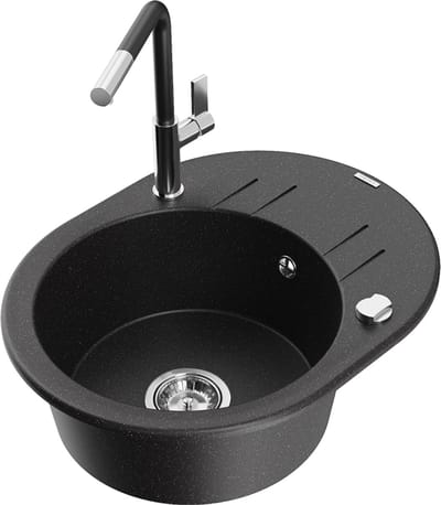 Mexen Kevin granieten spoelbak met 1 afdeling, afdruiprek en Flora keukenkraan, zwart/zilver metallic - 6517-73-670401-07