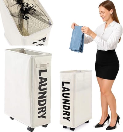 Ruimtebesparende Wasmand met Handvat en Wielen, Opvouwbare Laadmand voor Vuile Was, Ideaal voor Smalle Ruimtes, 39 x 20 x 56 cm (Beige)