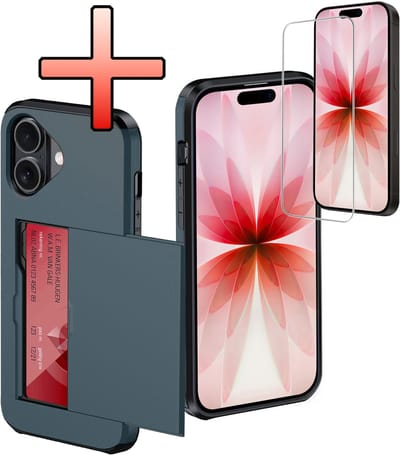 Hoes Geschikt voor iPhone 17 Hoesje Pasjeshouder Hard Cover Met Screenprotector Shock Proof Hard Case Hoes Met Kaarthouder - Donkerblauw