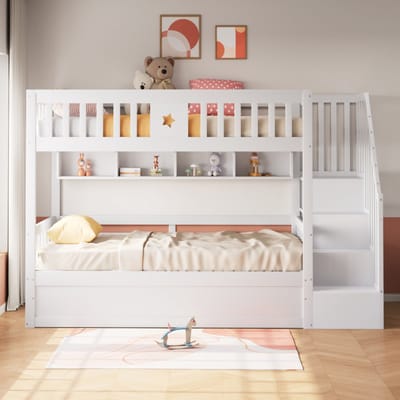 90x200 cm stapelbed - met opbergruimte - opbergladder - boekenplank - hoogslaper - wit - zonder matras