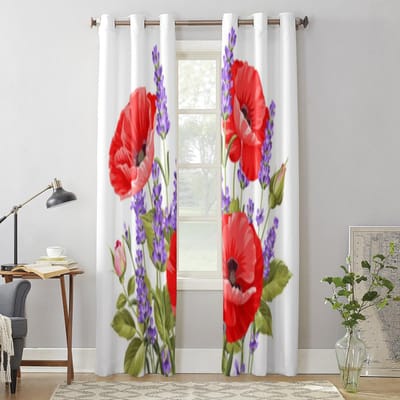 Moderne Raamgordijnen Bos Lavendel en Papaverbloemen Luxe Mode Gordijnen voor Woonkamer Slaapkamer Keuken Gordijnen 135W x 60H(cm) x1 red