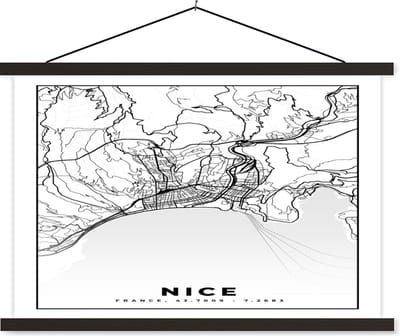 Posterhanger incl. Poster 60x40 cm - Schoolplaat - Kaart - Nice - Plattegrond - Frankrijk - Stadskaart - Zwart wit - Textielposter - Zwarte latten - Stadskaart