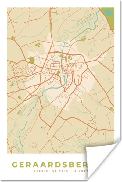 Poster Geraadsbergen - Stadskaart - Plattegrond - Kaart - Vintage - 120x180 cm XXL