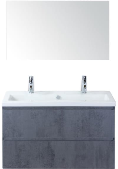 Vogue Badmeubelset 100 cm - Greeplijst in Kleur - Beton Antra - Keramische Wastafel Wit 2 Kraangaten met Spiegel
