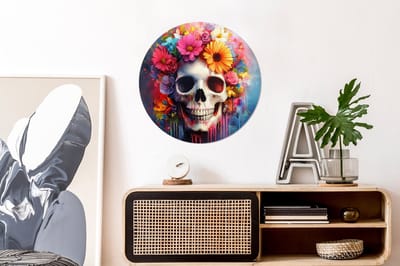 WallCircle - Wandcirkel - Muurcirkel - Schedel - Bloemen - Doodshoofd - Kleurrijk - Aluminium - Dibond - 60x60 cm - Binnen en Buiten