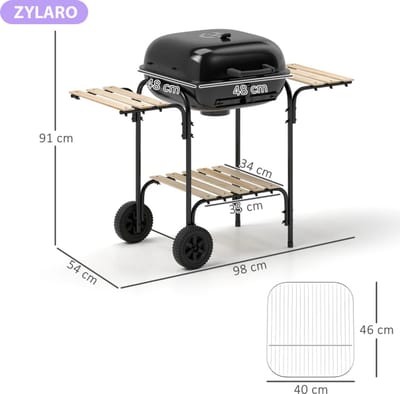 Premie Stalen Houtskool Barbecue - Smoker Barbecue - Houtskoolgrill - Grillwagen met Afsluitbaar Deksel, Wielen, Handvat, Houten Plank - BBQ voor Kamperen, Buiten, Tuin - 98 x 54 x 91 cm - Zwart