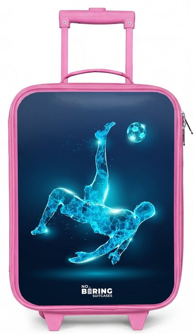 NoBoringSuitcases.com® - Kinderkoffer roze - Kindertrolley meisje - Omhaal in blauw neonvoetbal - Koffer kind lichtgewicht - Reiskoffer trolley voor kinderen - Koffertje met lichtgevende wieltjes - Rolkoffer