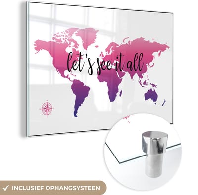 ® Glasschilderij 120x80 cm - Schilderij acrylglas - Wereldkaart - Roze - Kompas - Foto op glas - Muurdecoratie woonkamer - Wanddecoratie slaapkamer - Schilderijen